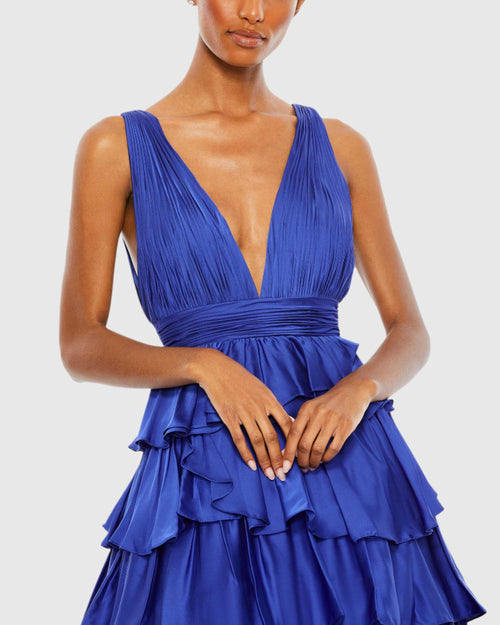 Ruffle Tiered Pleated Sleeveless V Neck Gown