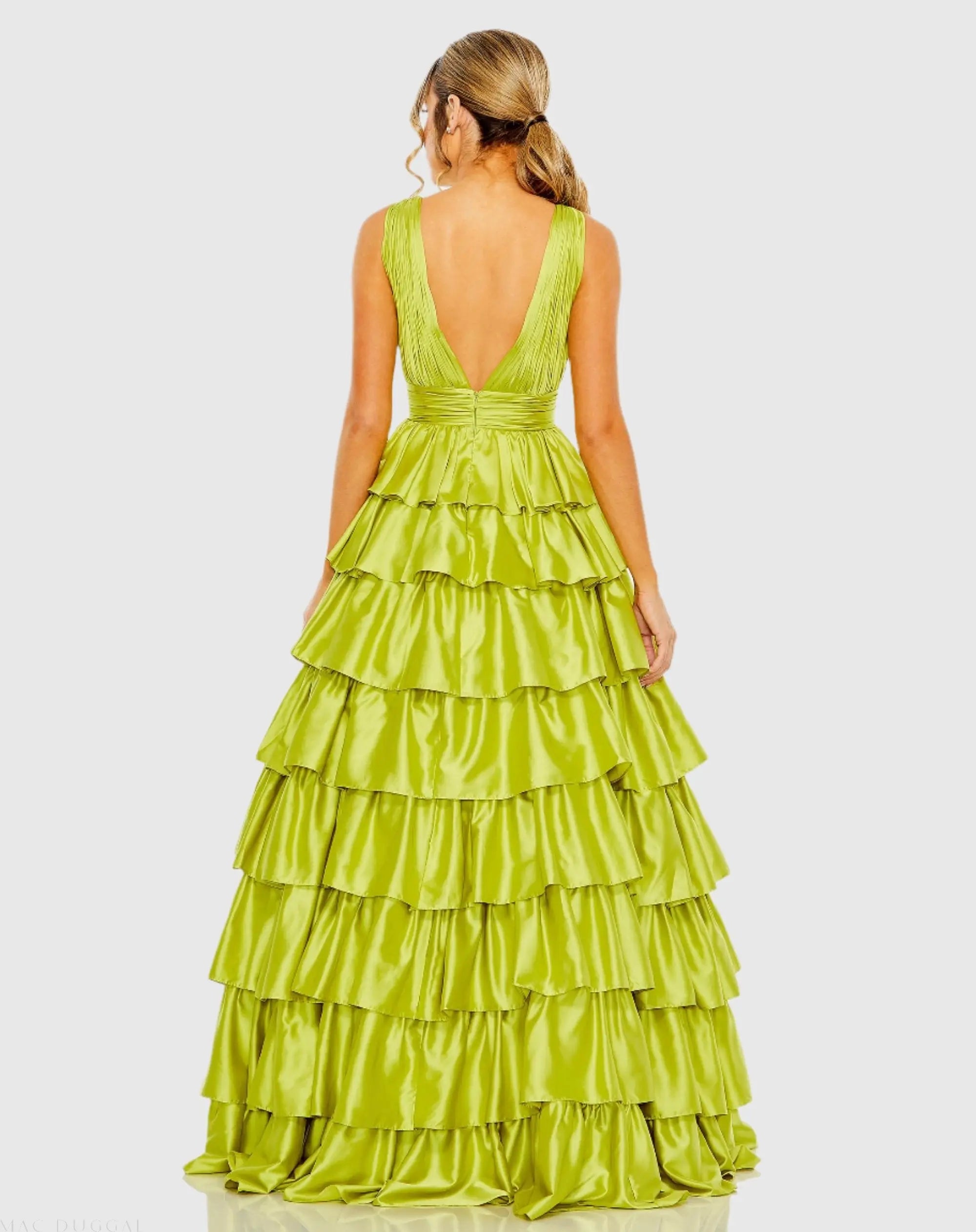Green Ruffle Tiered Pleated Sleeveless V Neck Gown - Mac Duggal