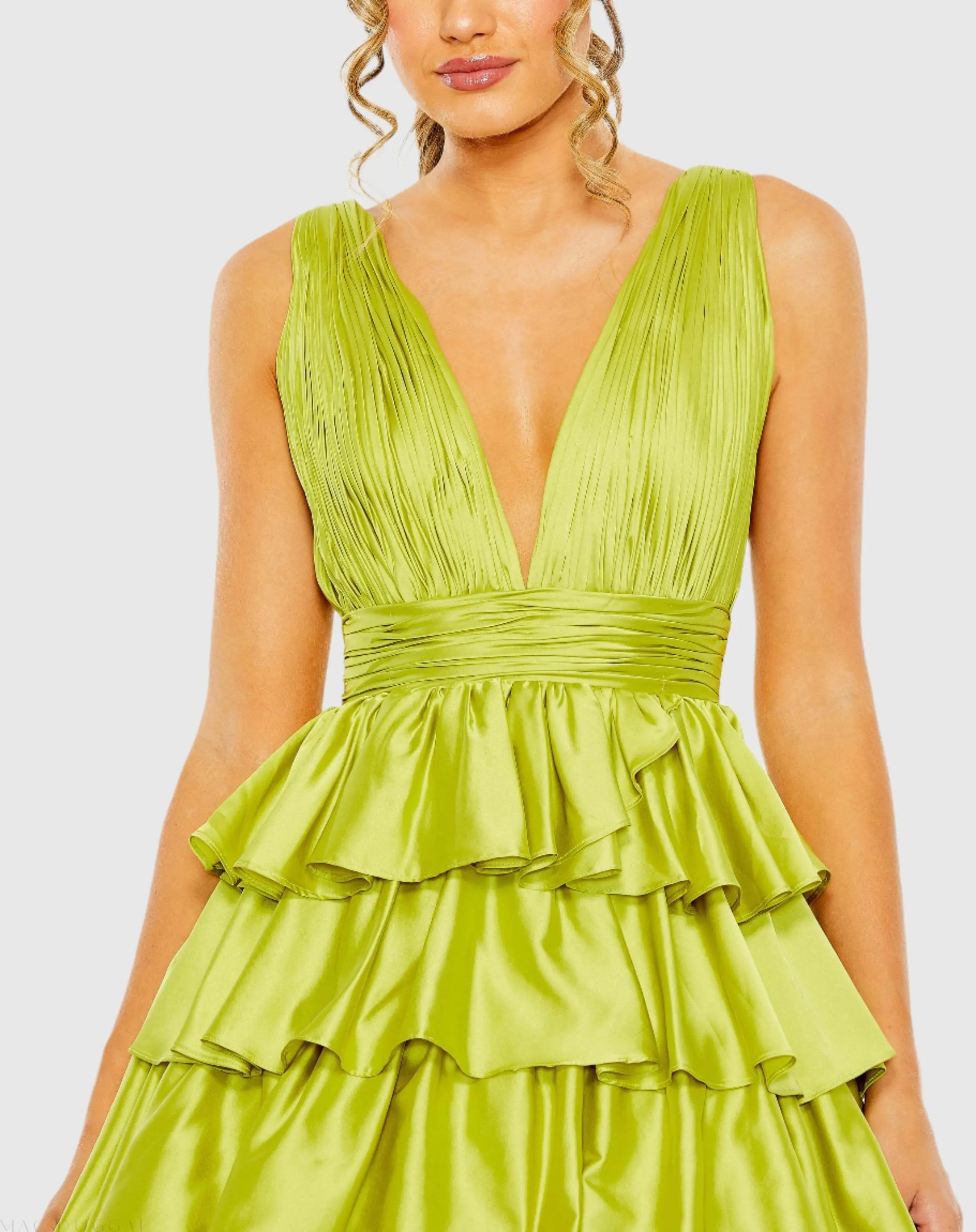 Green Ruffle Tiered Pleated Sleeveless V Neck Gown - Mac Duggal