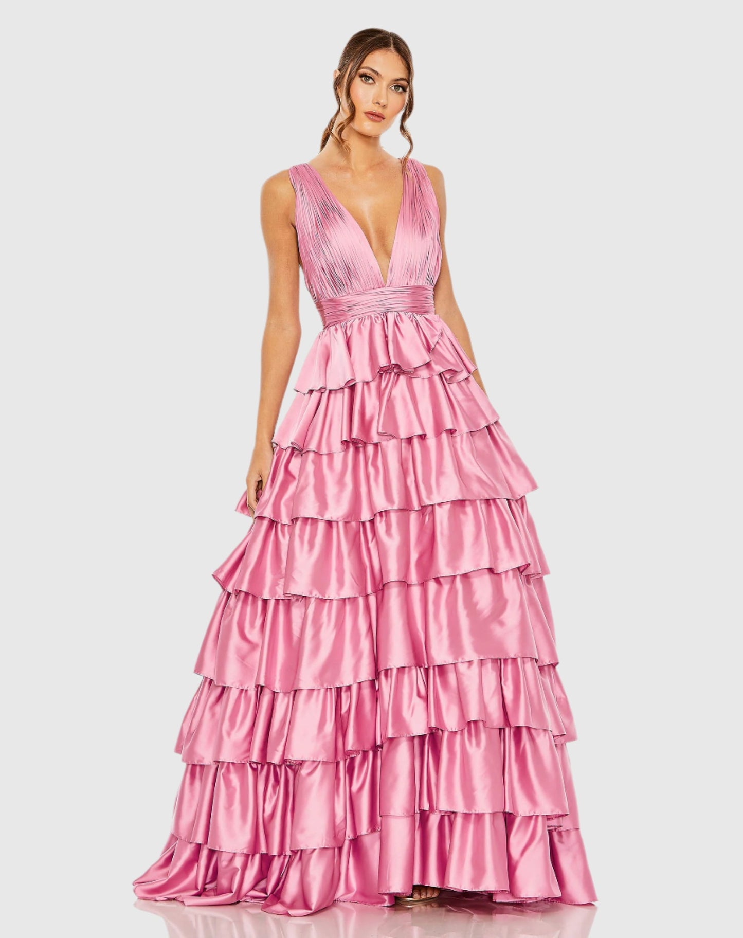 Ruffle Tiered Pleated Sleeveless V Neck Gown