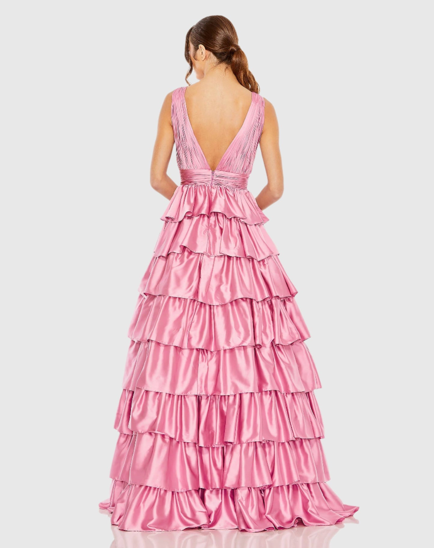 Ruffle Tiered Pleated Sleeveless V Neck Gown