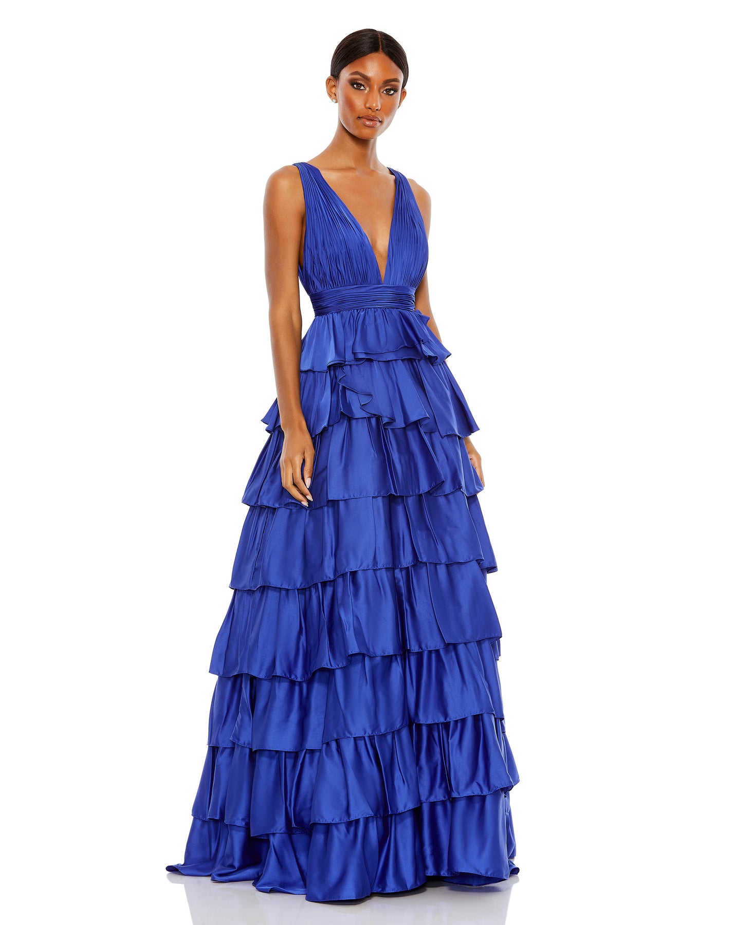 Ruffle Tiered Pleated Sleeveless V Neck Gown – Mac Duggal
