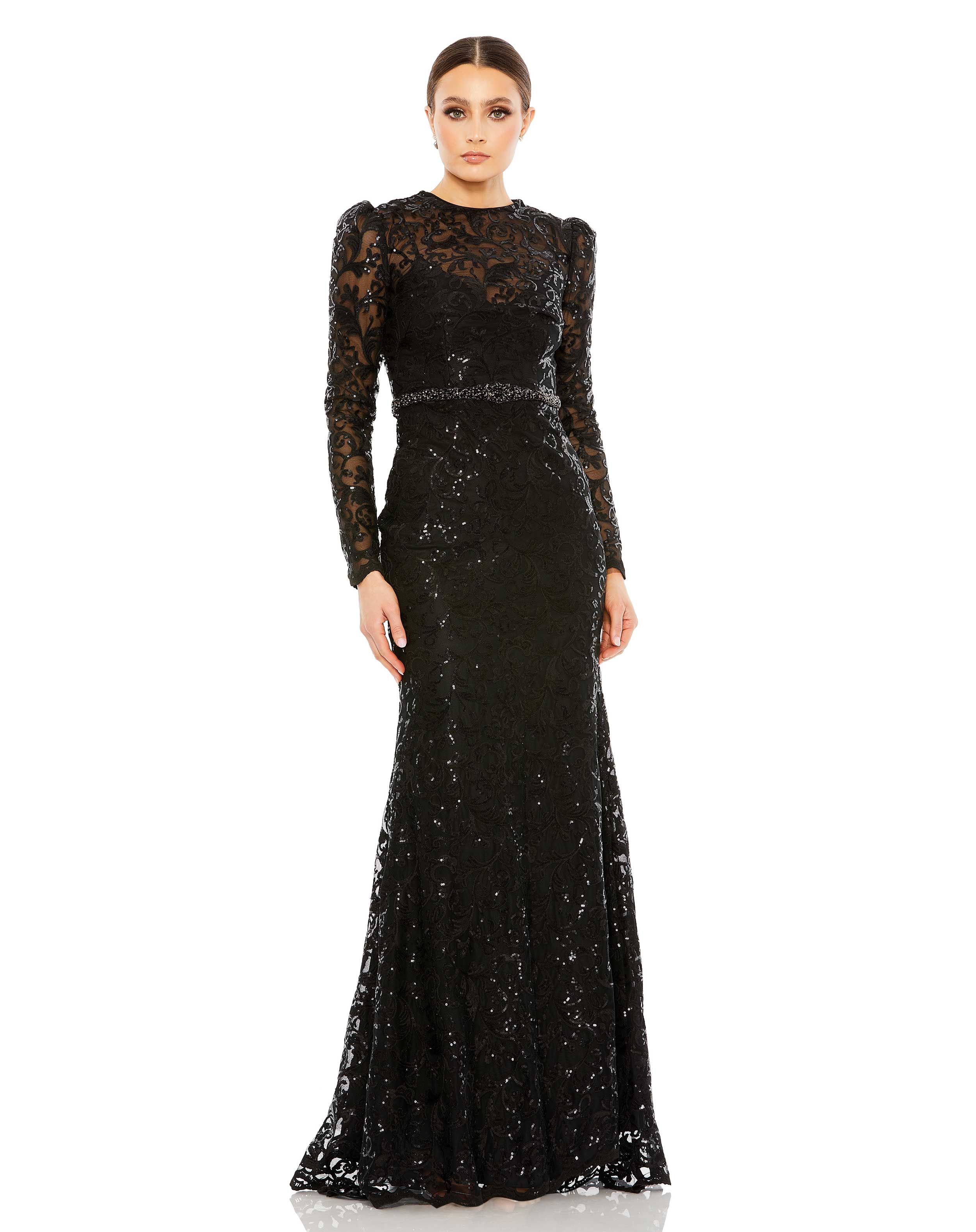 Embellished High Neck Long Sleeve Gown