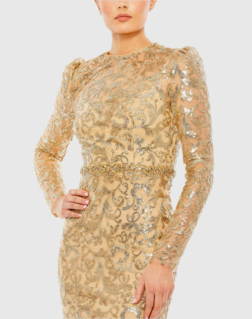 Embellished High Neck Long Sleeve Gown