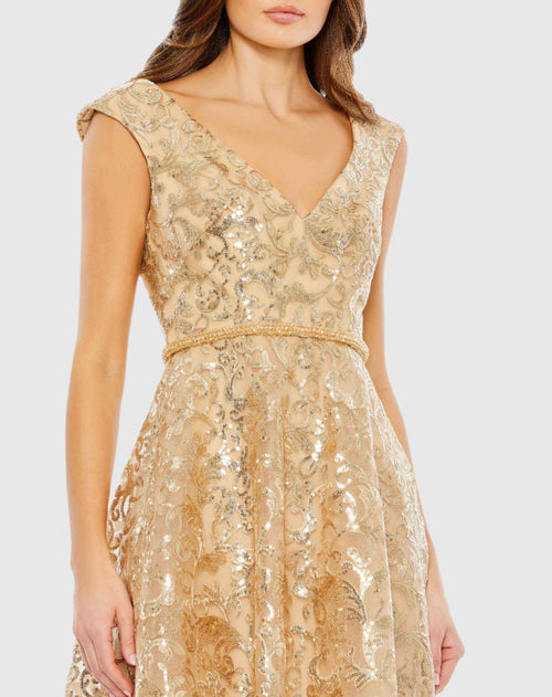 Sequined V Neck Cap Sleeve Dress