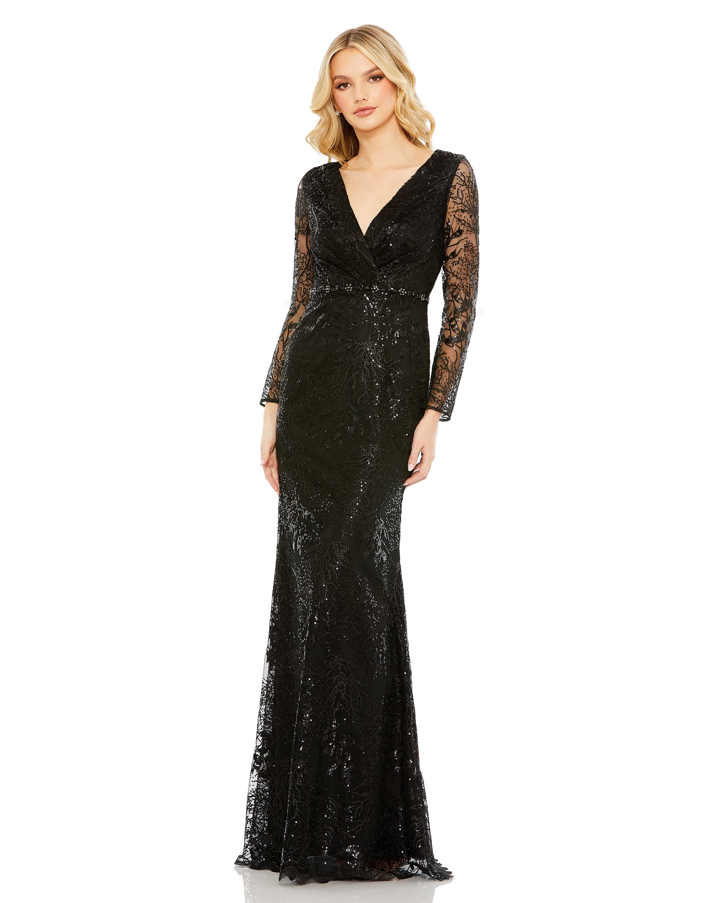 Embellished Wrap Over Long Sleeve Gown