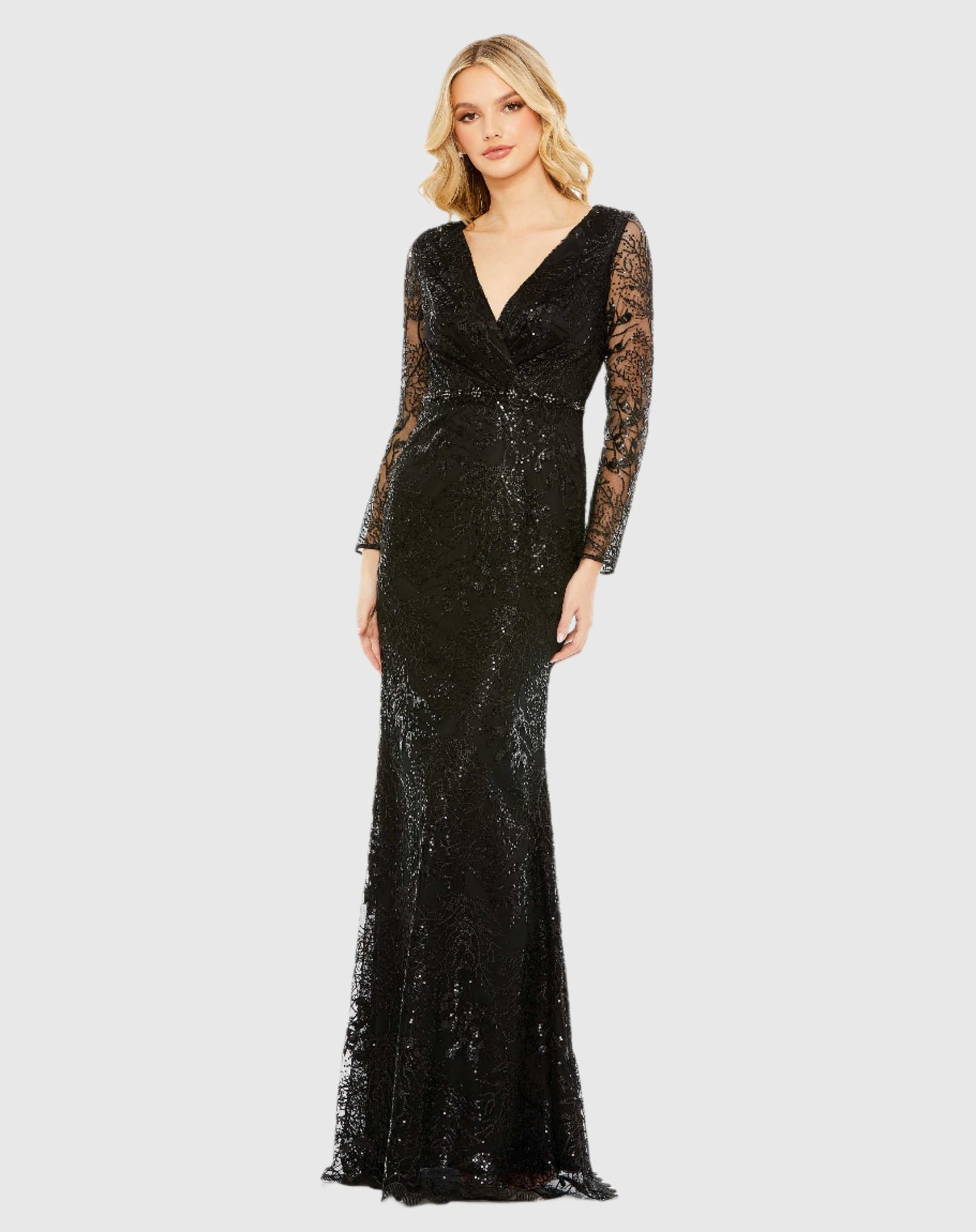 Embellished Wrap Over Long Sleeve Gown