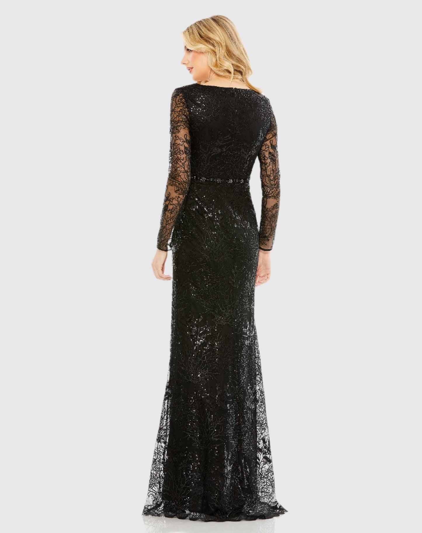 Embellished Wrap Over Long Sleeve Gown