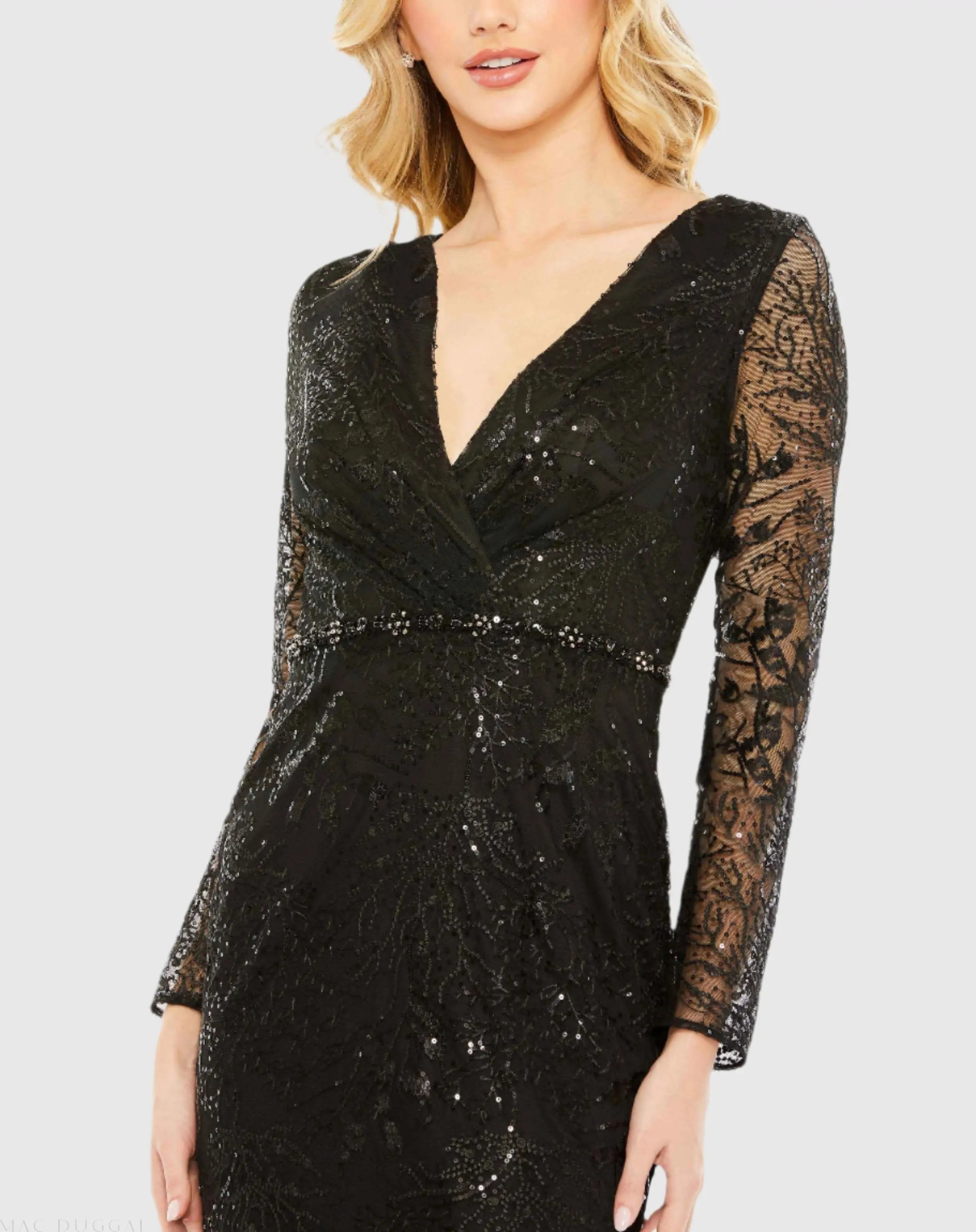 Black Embellished Wrap Over Long Sleeve Gown - Mac Duggal