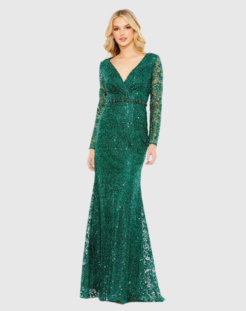 Embellished Wrap Over Long Sleeve Gown