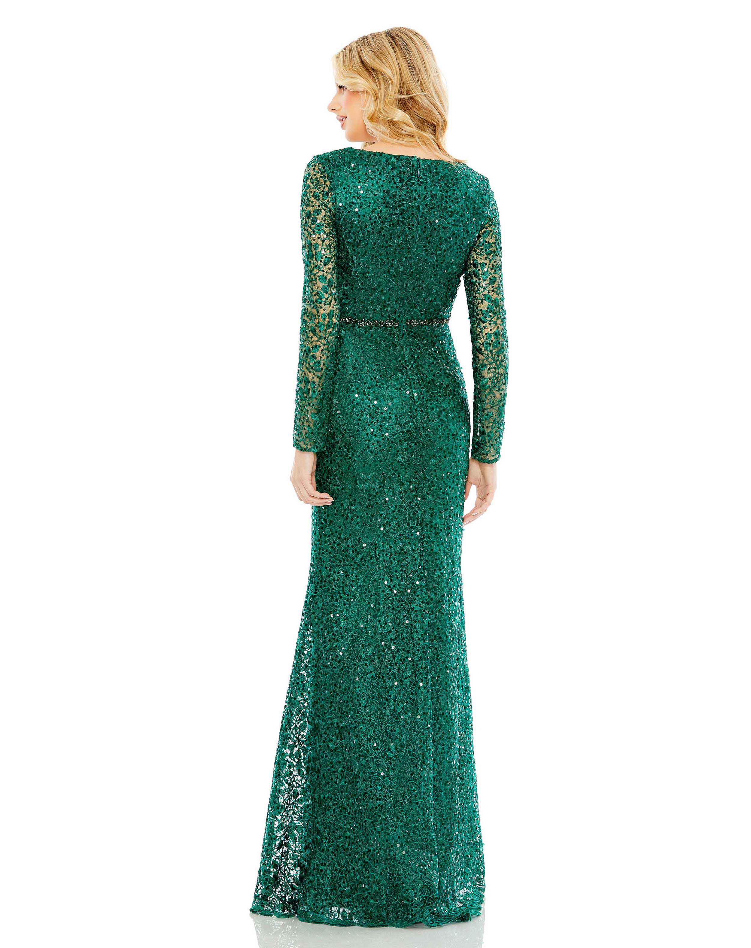 Embellished Wrap Over Long Sleeve Gown