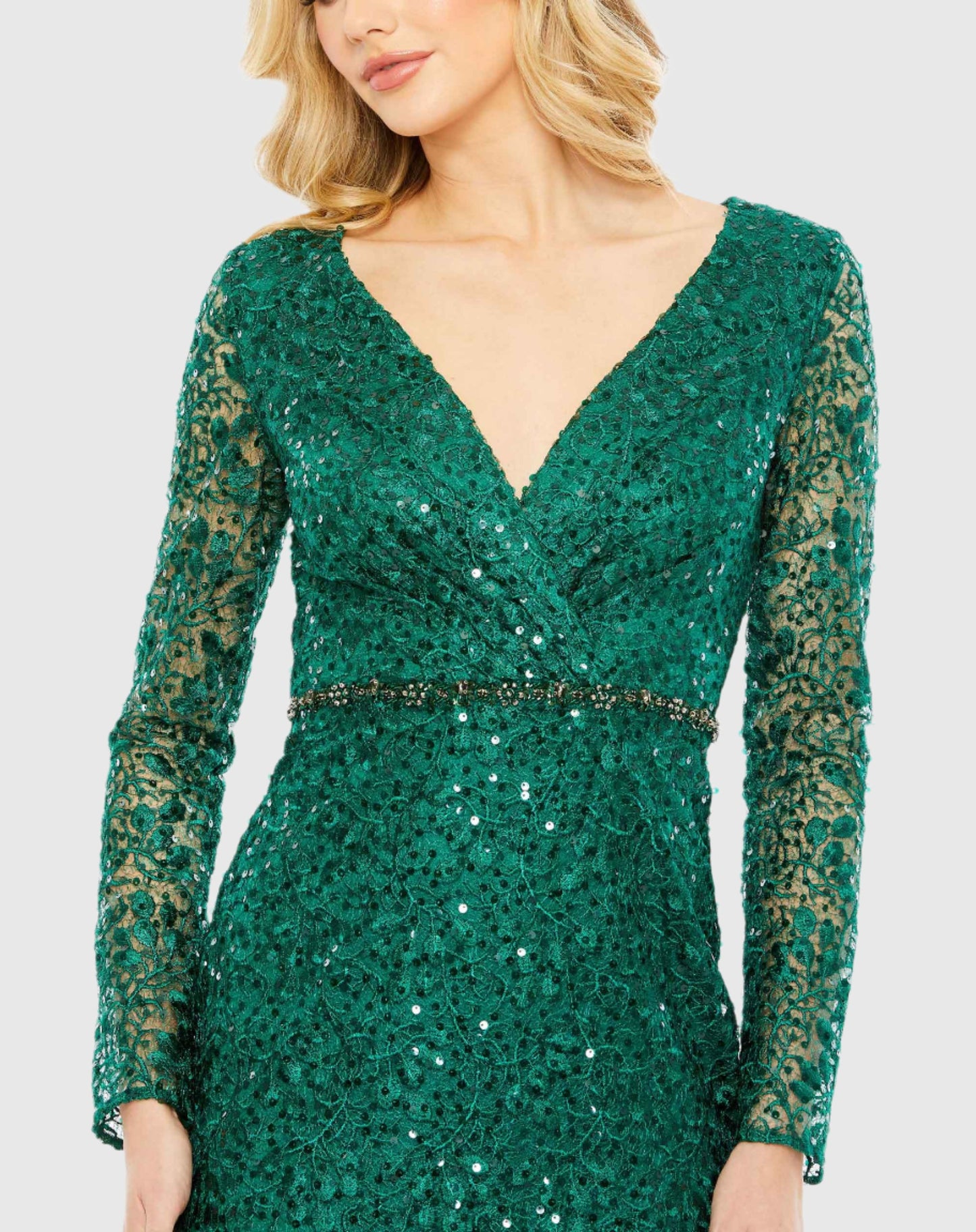 Embellished Wrap Over Long Sleeve Gown