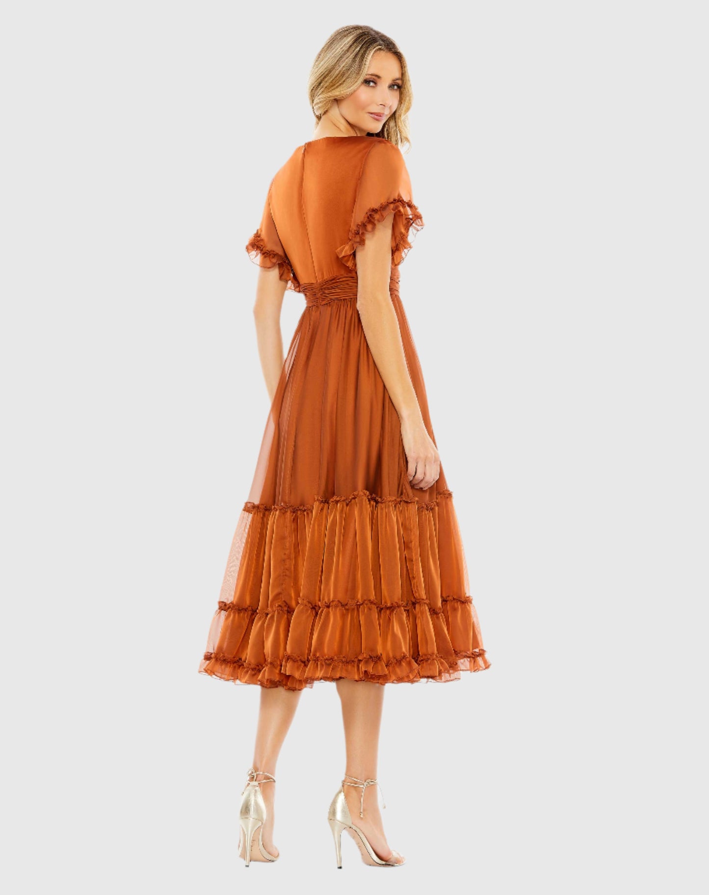 Tea Length Ruffled Dress w/ Sheer Flutter Sleeves