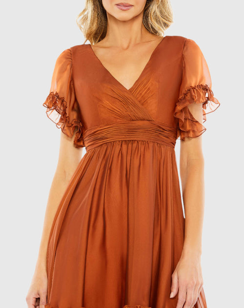 Tea Length Ruffled Dress w/ Sheer Flutter Sleeves