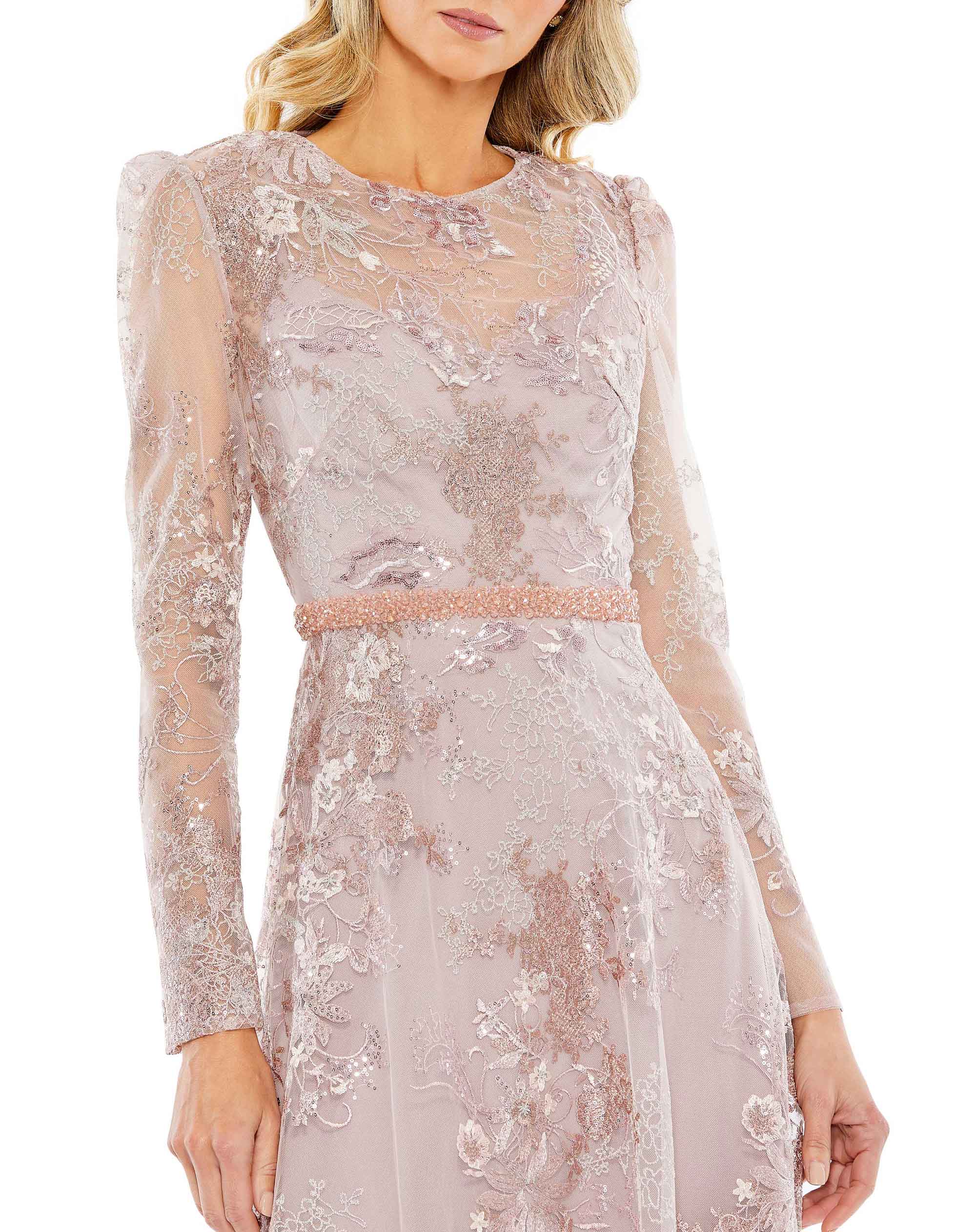 Embellished Illusion Long Sleeve Midi Dress