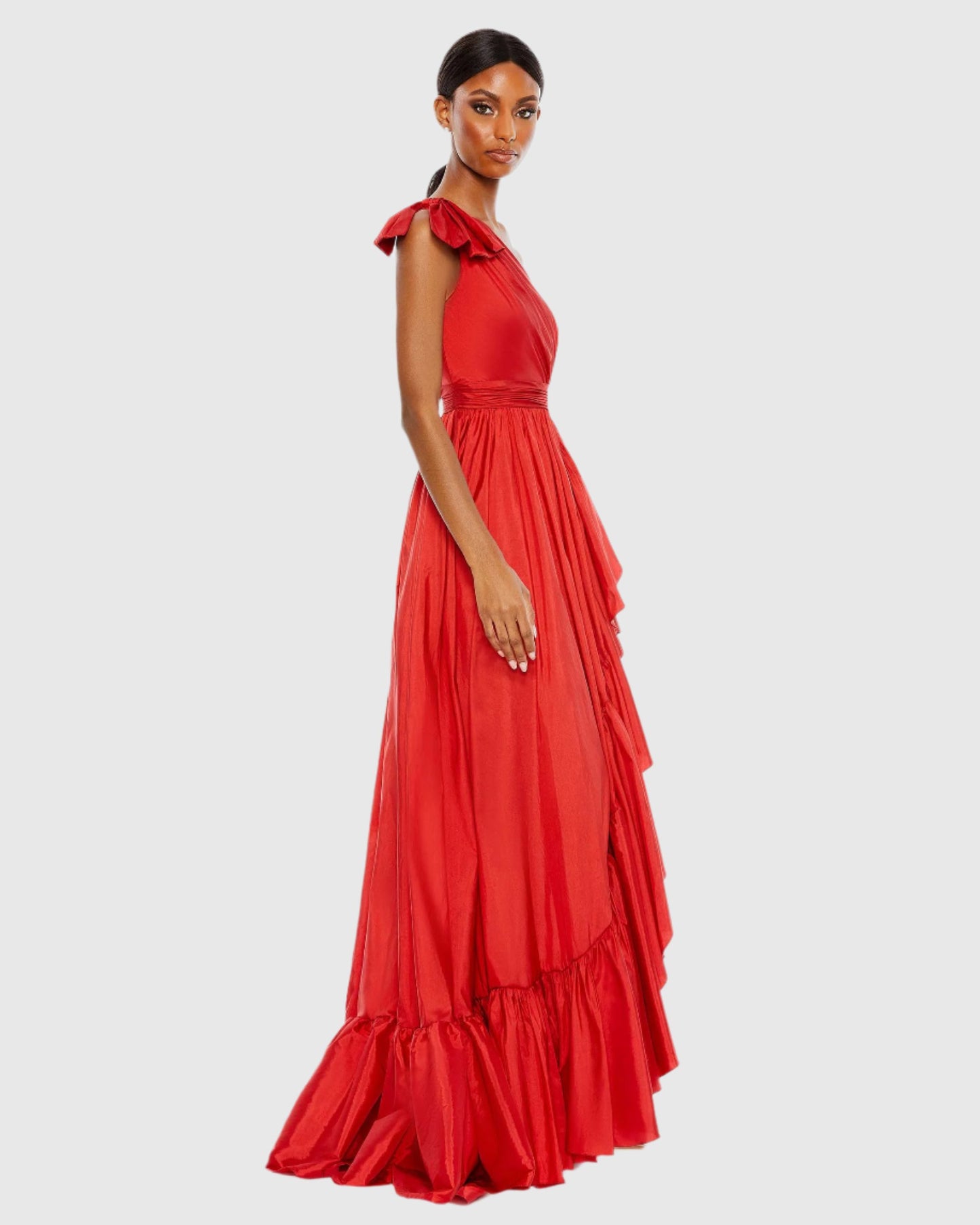 Bow One Shoulder Ruffle Asymmetrical Hem Gown