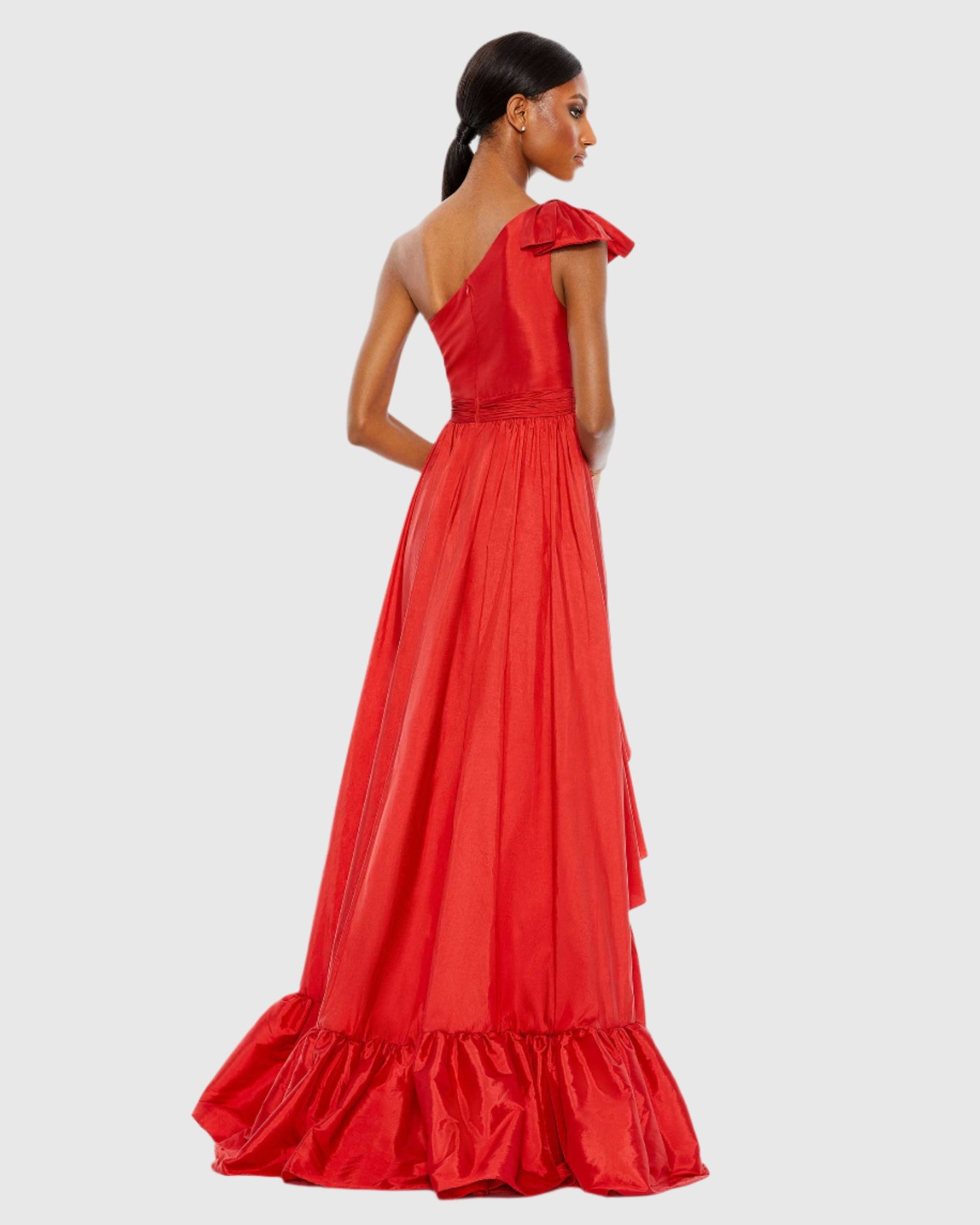 Bow One Shoulder Ruffle Asymmetrical Hem Gown