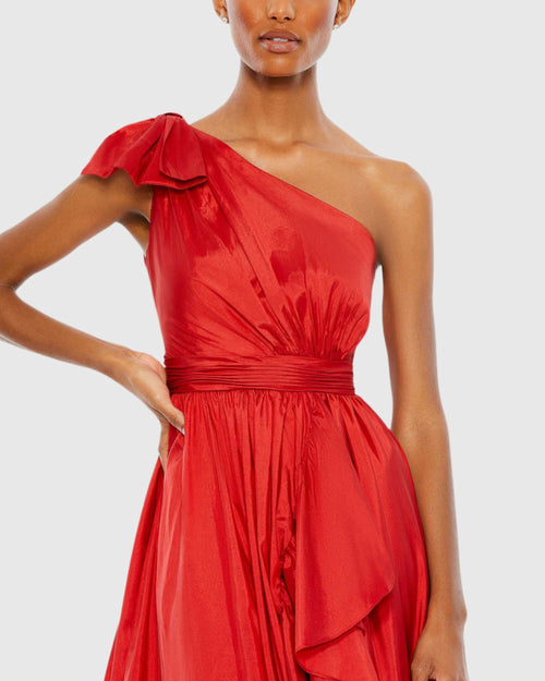 Bow One Shoulder Ruffle Asymmetrical Hem Gown