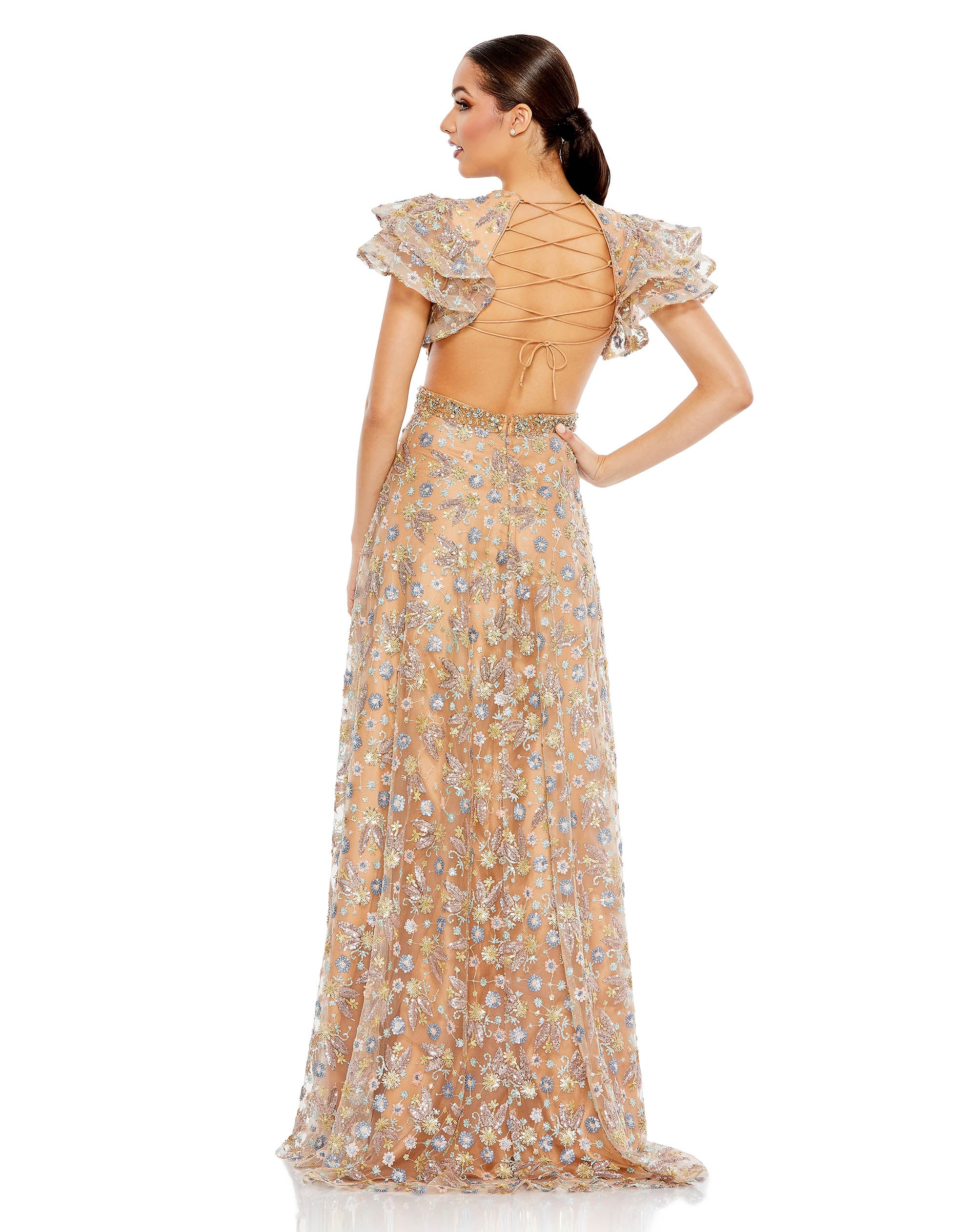 Embellished Butterfly Sleeve Cut Out Gown