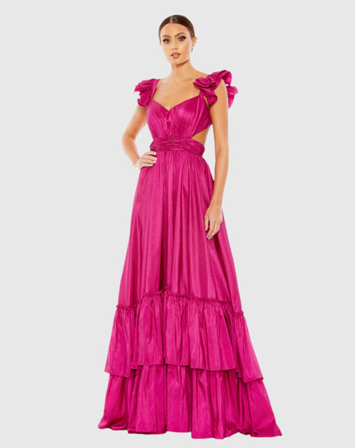 Pink Ruffle Shoulder Cut Out Gown