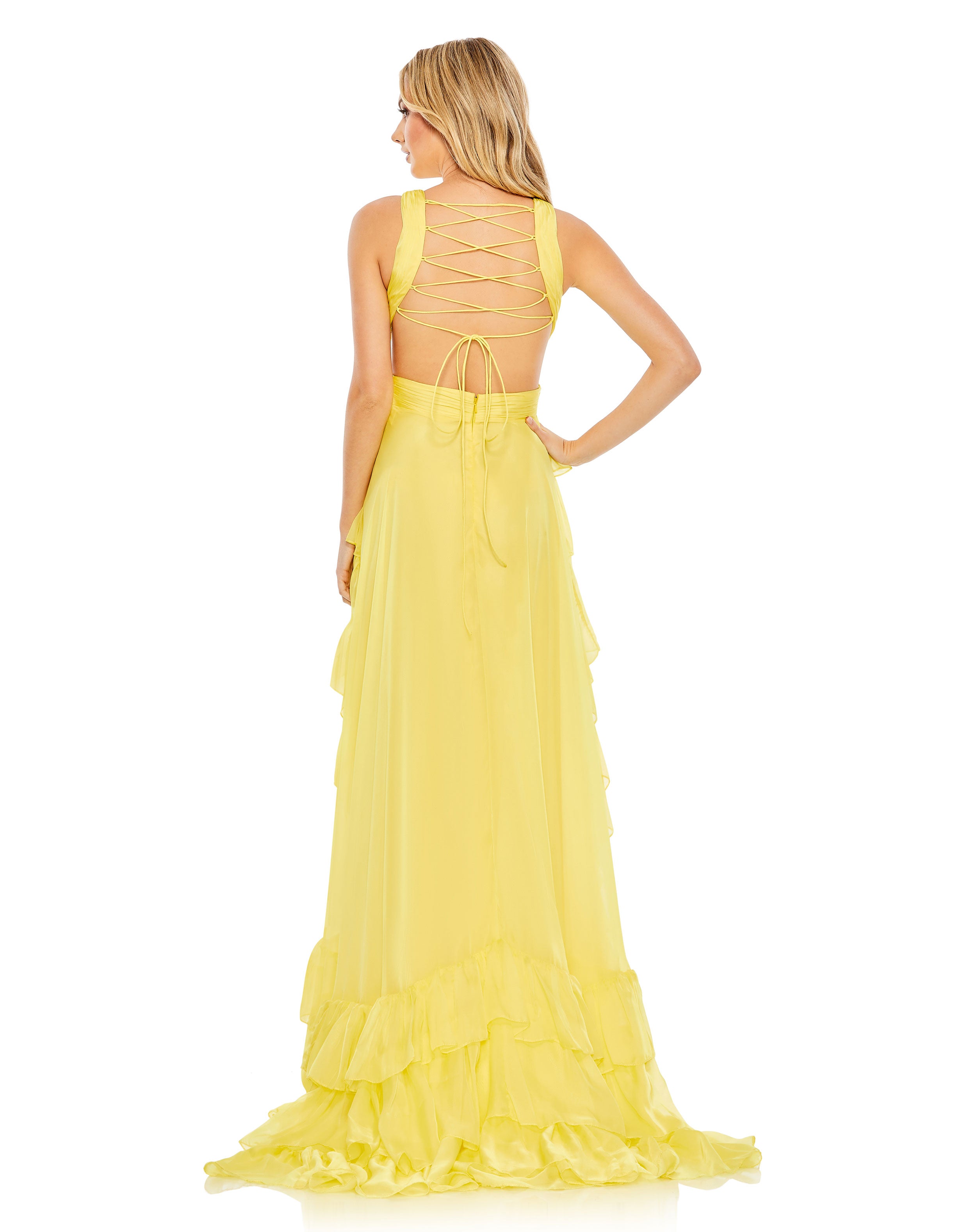 Ruffle Tiered Cross Over High Low Gown - FINAL SALE