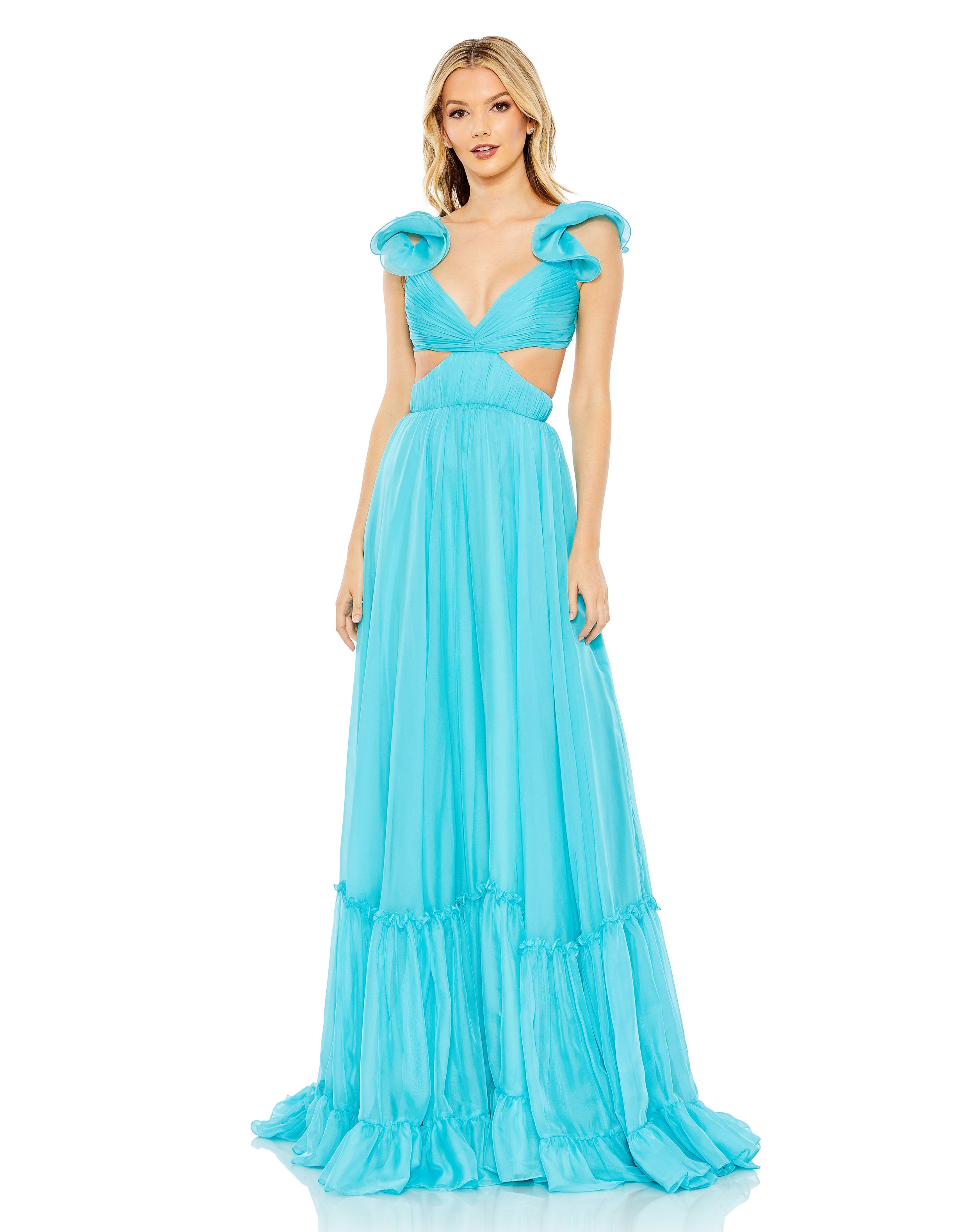 Ruched Ruffled Shoulder Cut Out Lace Up Gown