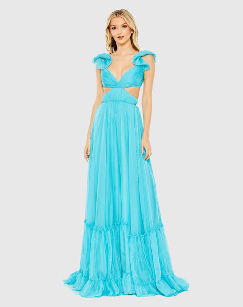 Ruched Ruffled Shoulder Cut Out Lace Up Gown