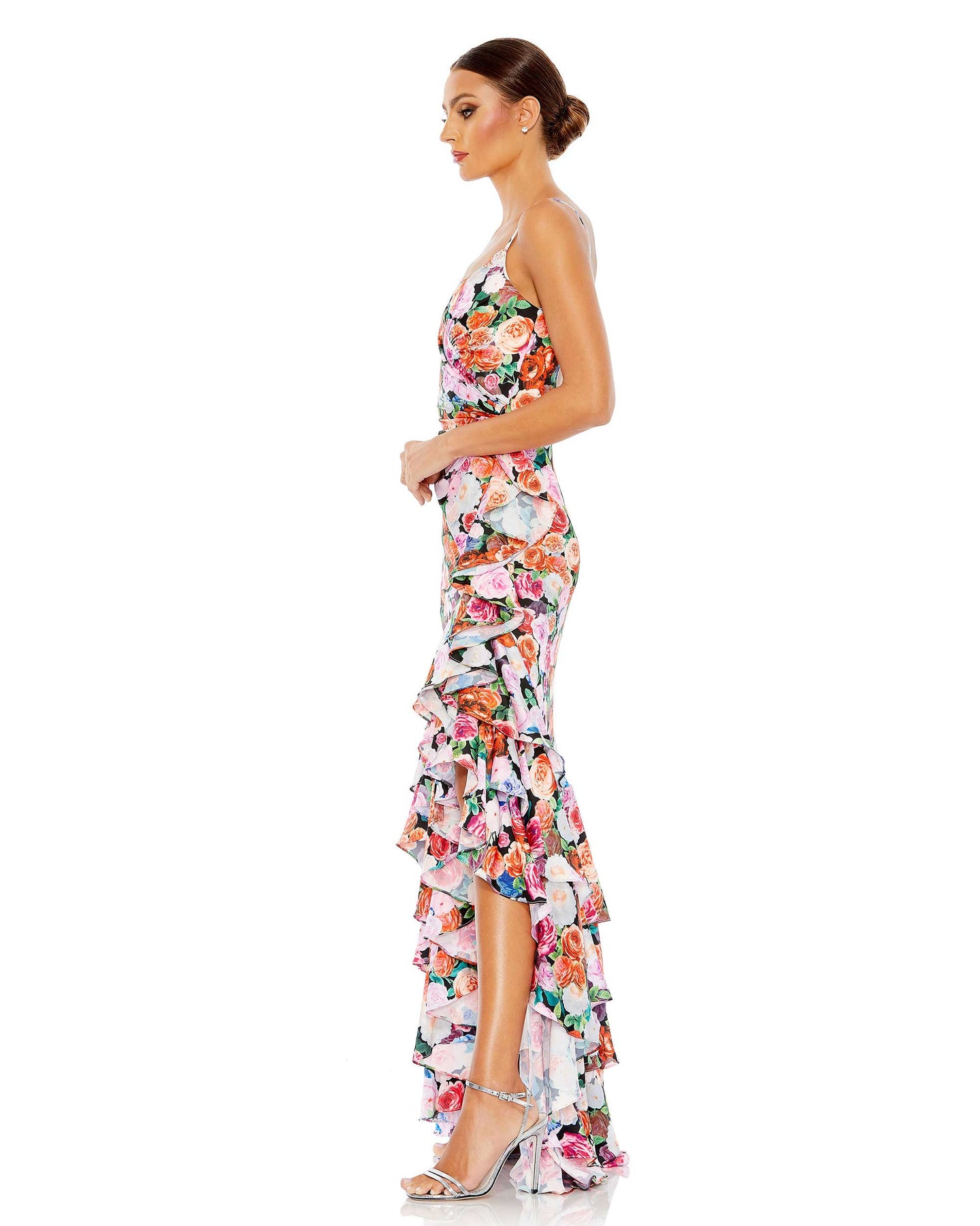 Floral Print Asymmetrical Ruffle Hem Gown – Mac Duggal