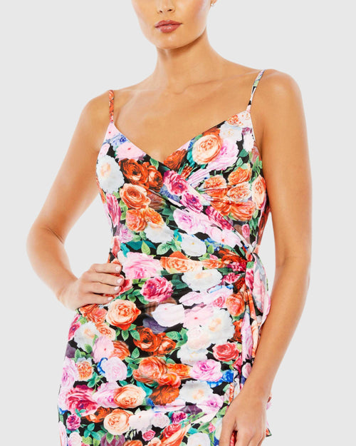 Floral Print Asymmetrical Ruffle Hem Gown