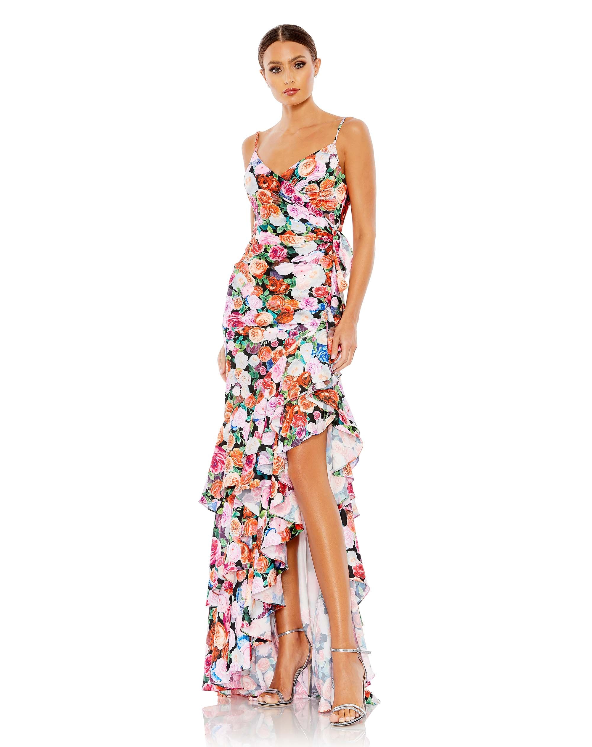 floral print asymmetric ruffled dress