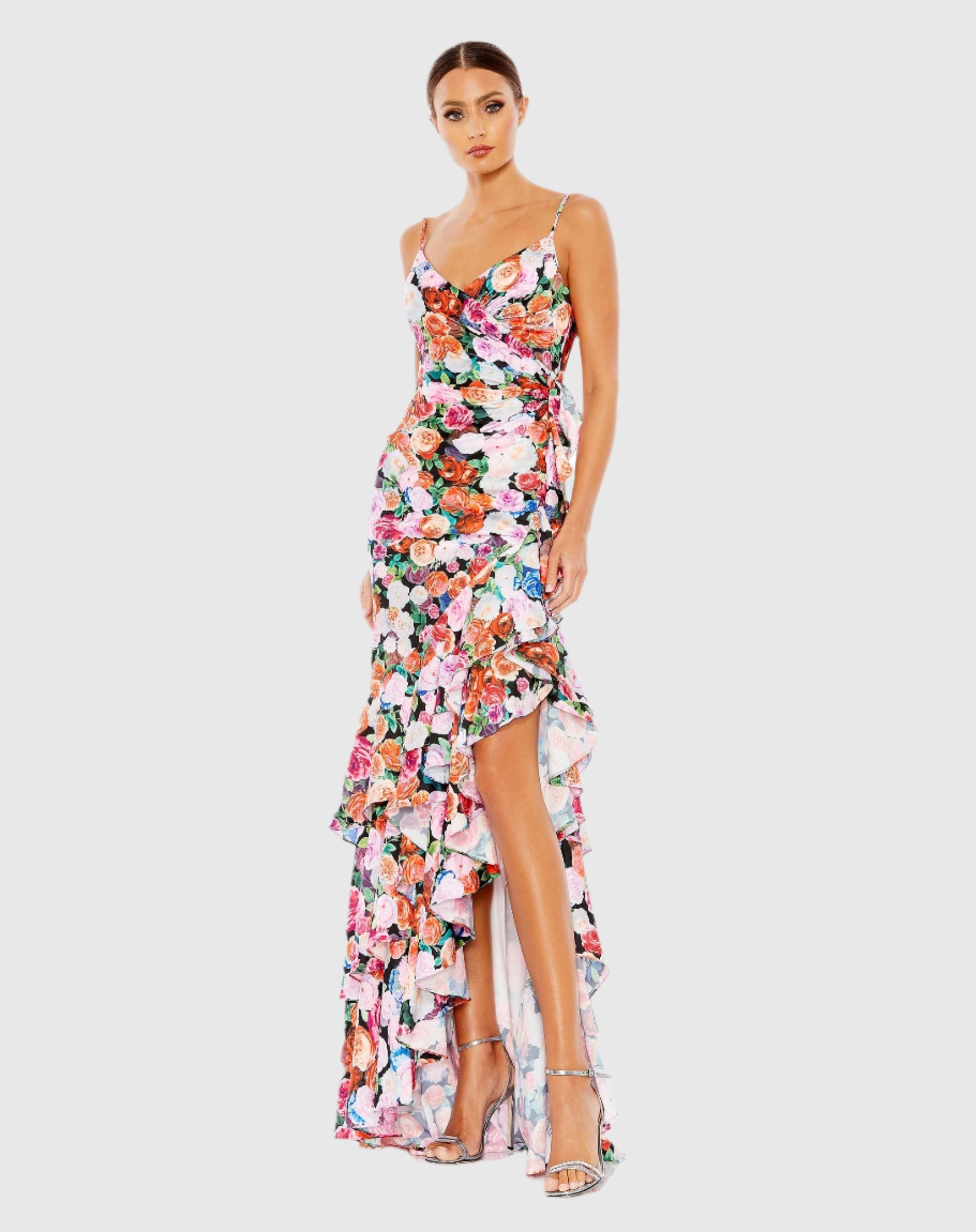 Floral Print Asymmetrical Ruffle Hem Gown