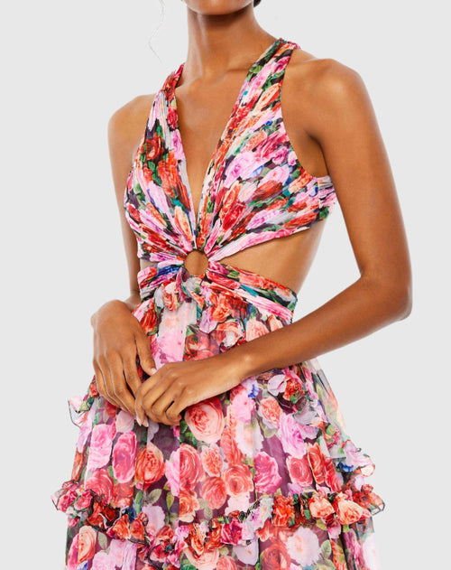 Ruffled Cut Out Sleeveless Gown