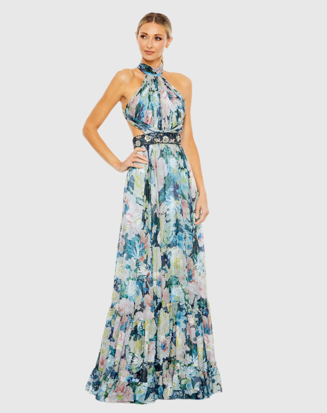 Floral Halter A Line Gown w/ Cutouts and Embellished Belt