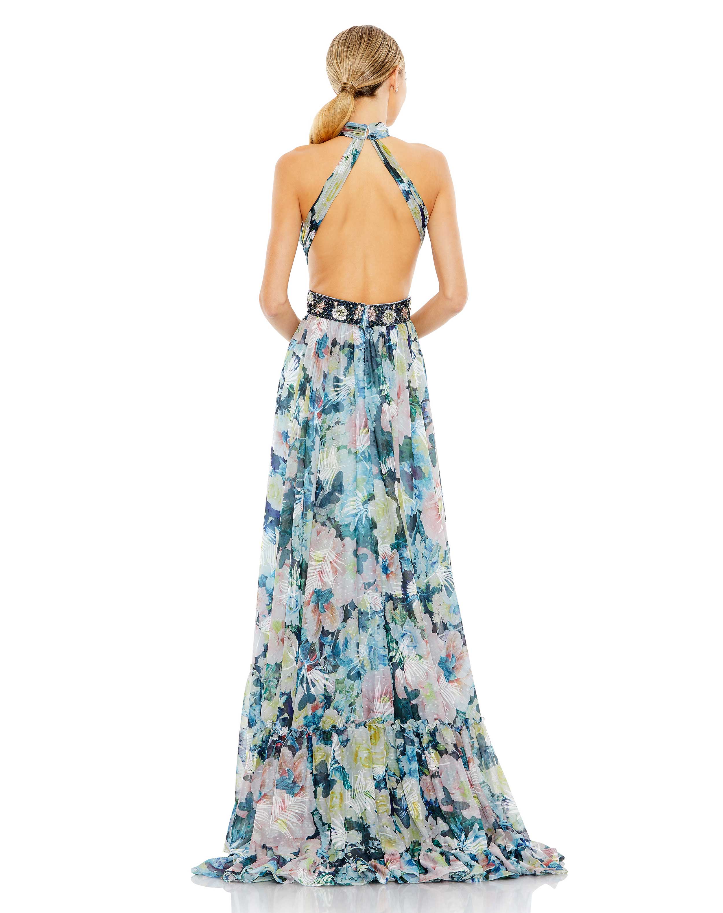 Floral Halter A Line Gown w/ Cutouts and Embellished Belt