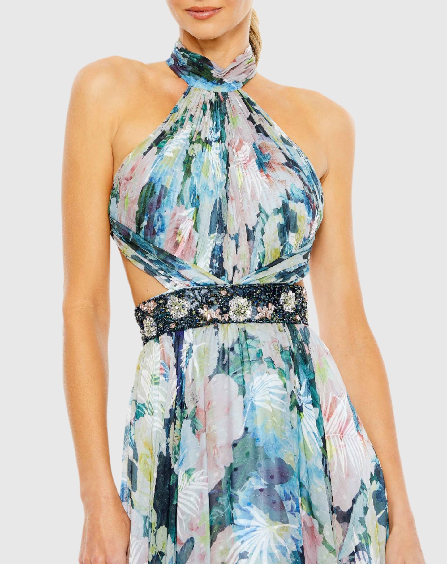 Floral Halter A Line Gown w/ Cutouts and Embellished Belt