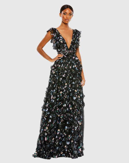 Black Multicolor Ruffled Floral Print Cap Sleeve Gown