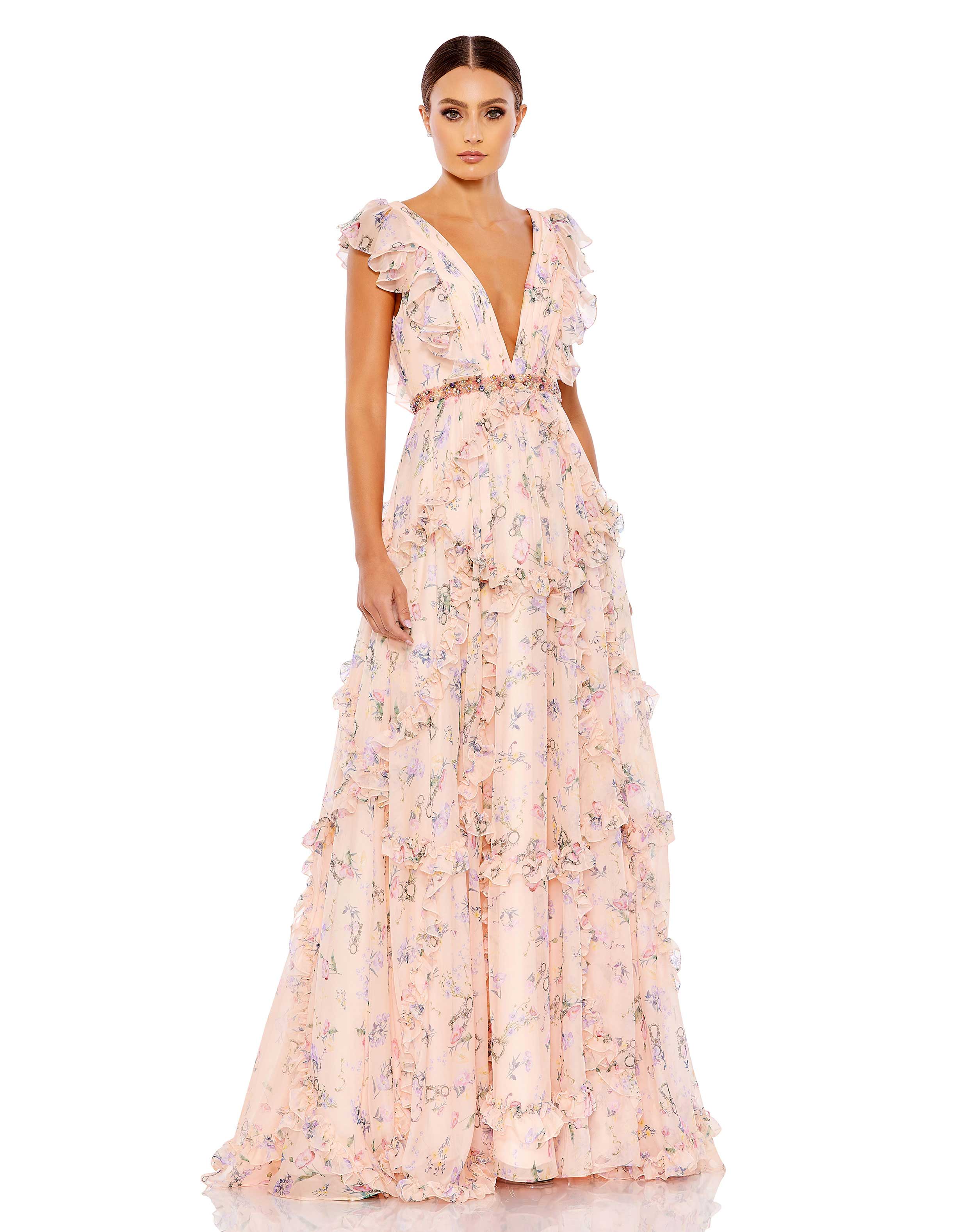 Ruffled Floral Print Cap Sleeve Gown