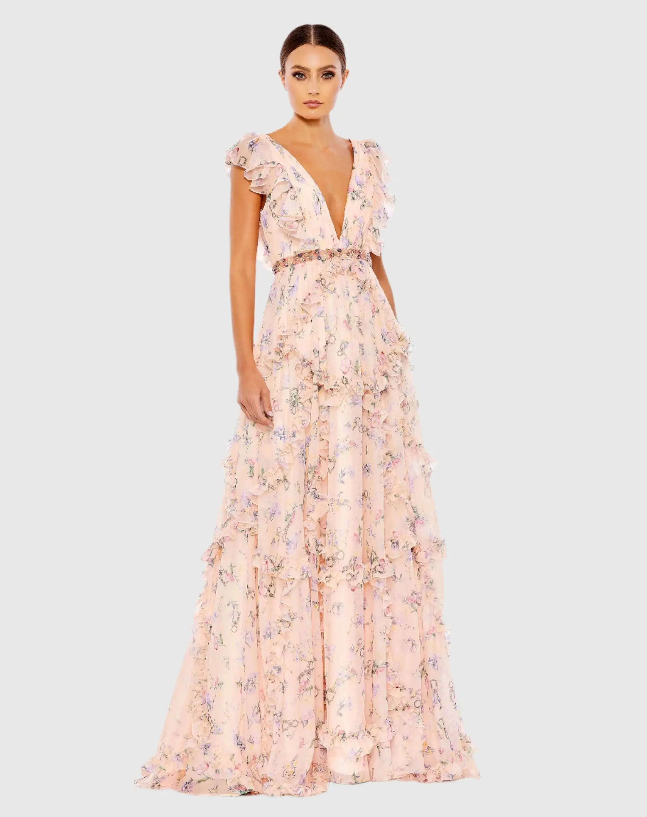 Pink Multicolor Ruffled Floral Print Cap Sleeve Gown - Ieena for Mac Duggal