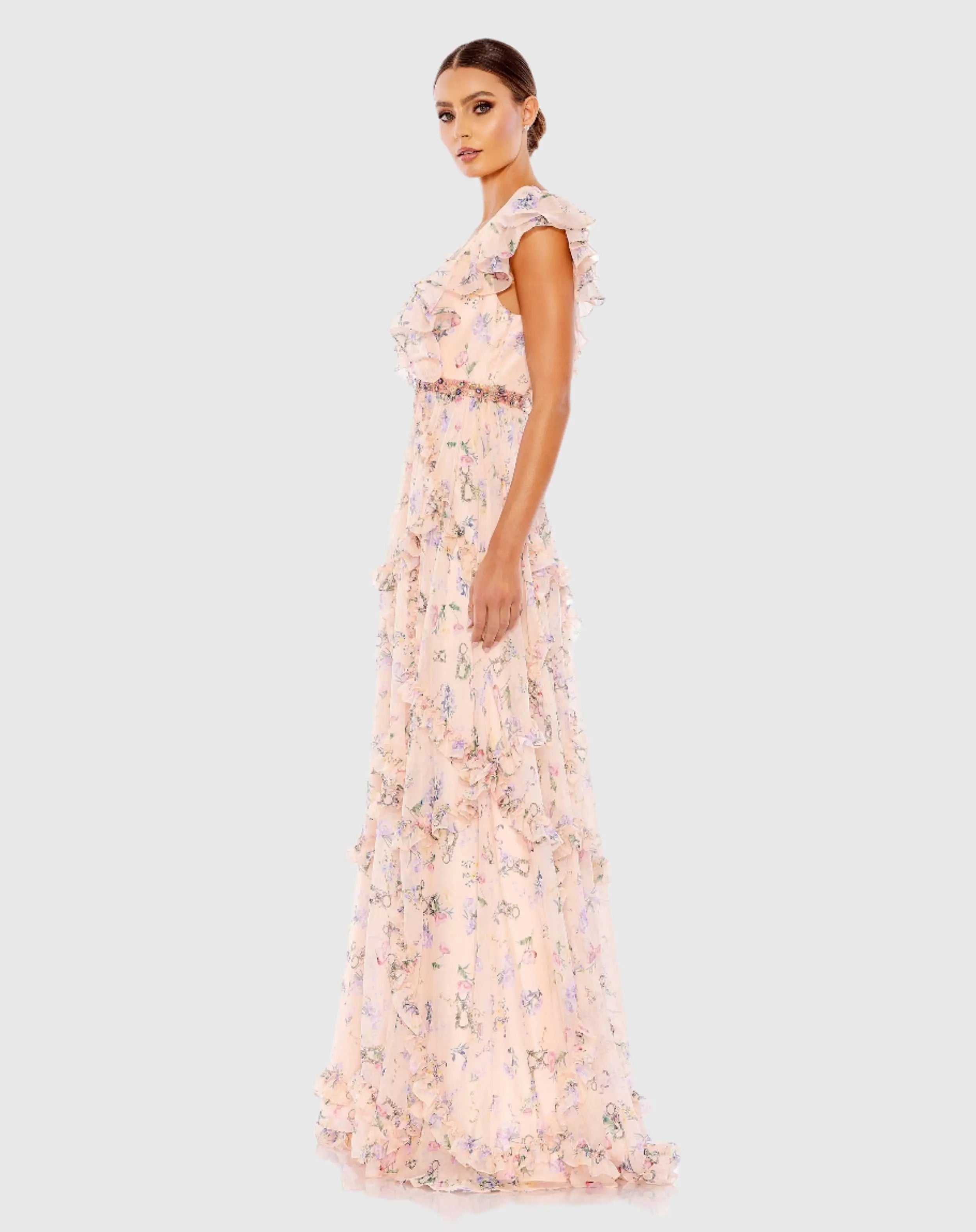 Pink Multicolor Ruffled Floral Print Cap Sleeve Gown - Ieena for Mac Duggal