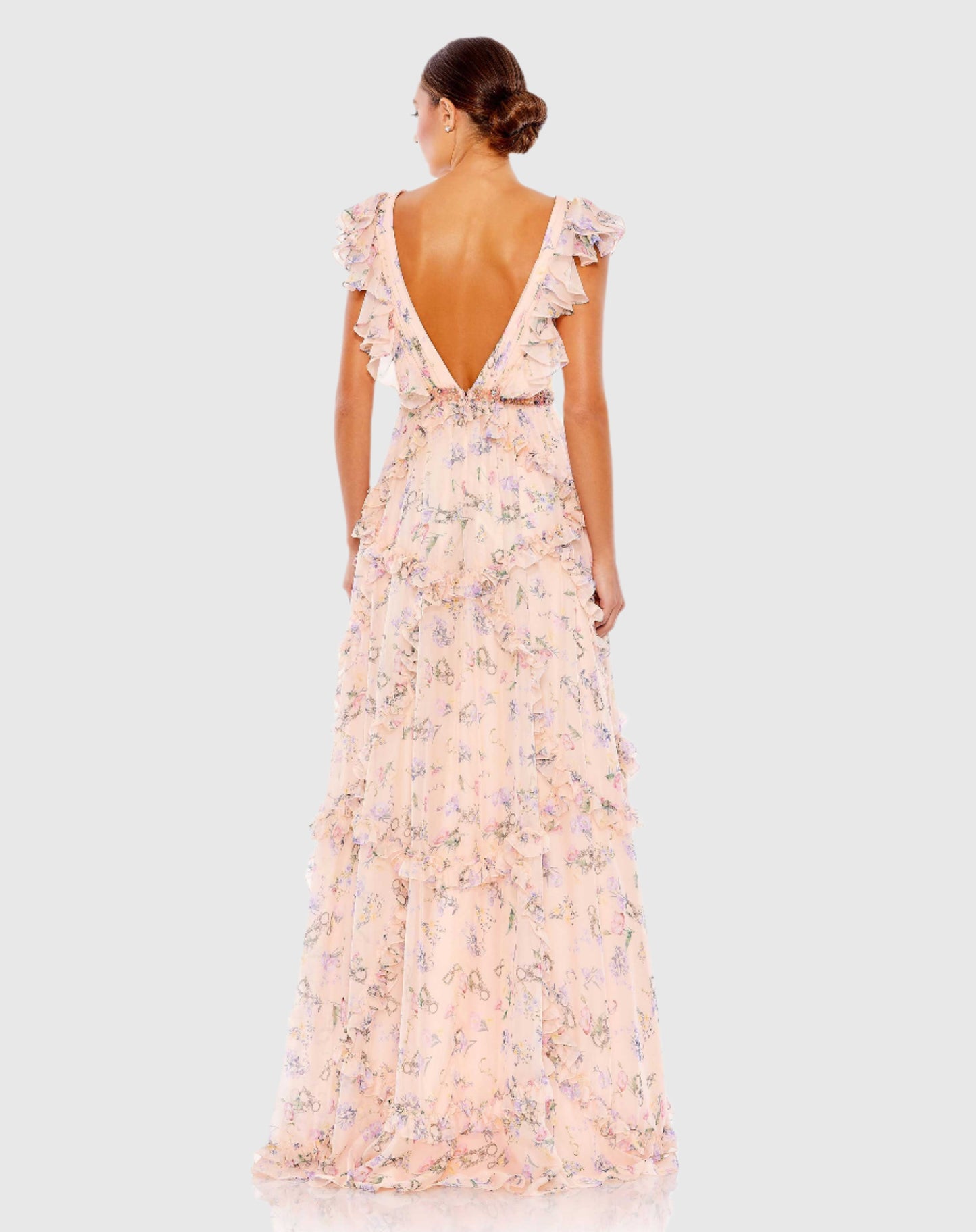 Ruffled Floral Print Cap Sleeve Gown