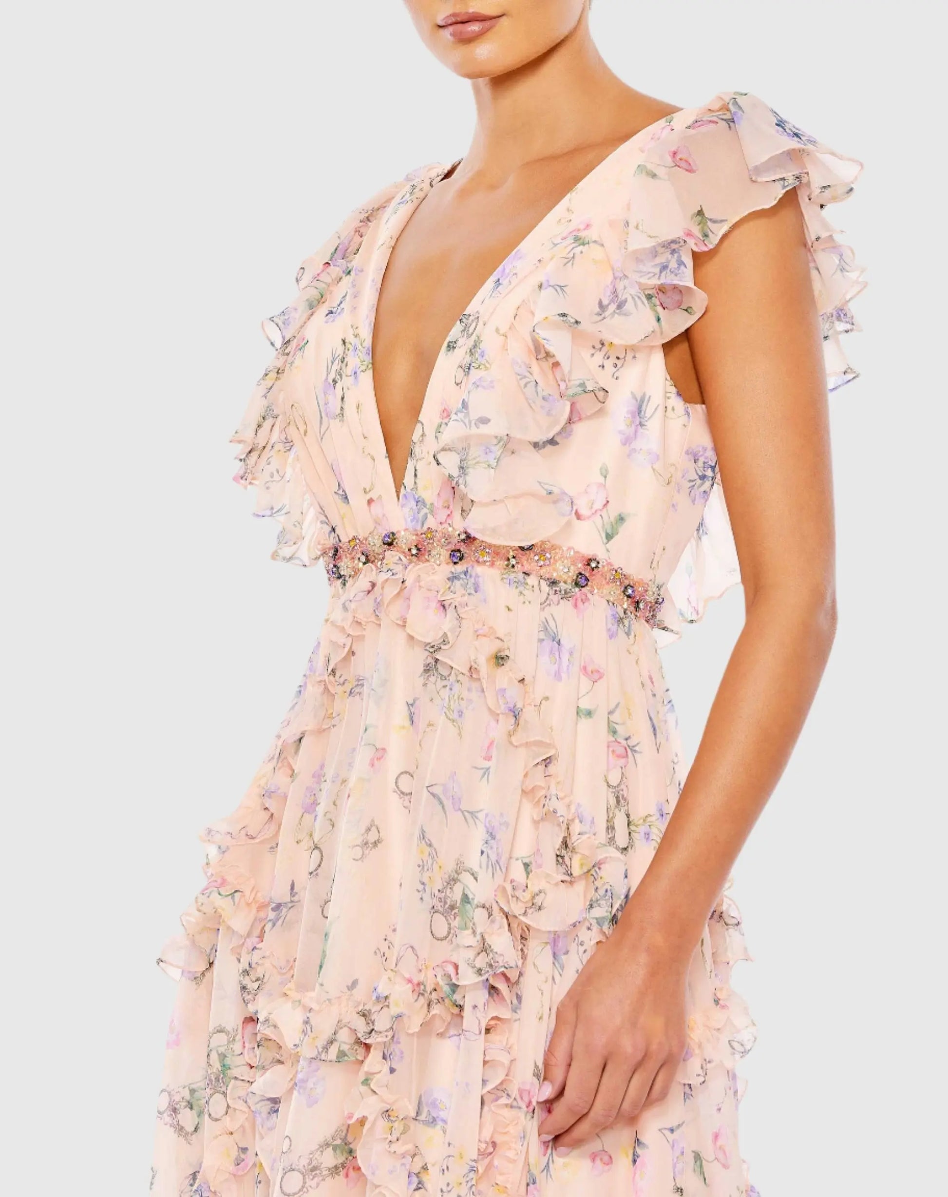 Pink Multicolor Ruffled Floral Print Cap Sleeve Gown - Mac Duggal Pink Multicolor Ruffled Floral Print Cap Sleeve Gown - Mac Duggal