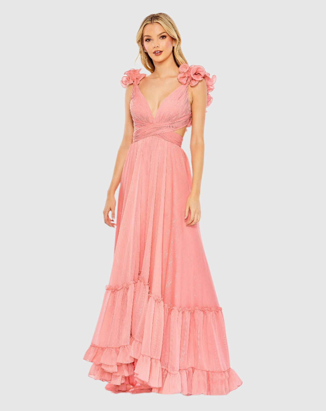 Pink Ruffle Sleeve V Neck A Line Gown - Mac Duggal