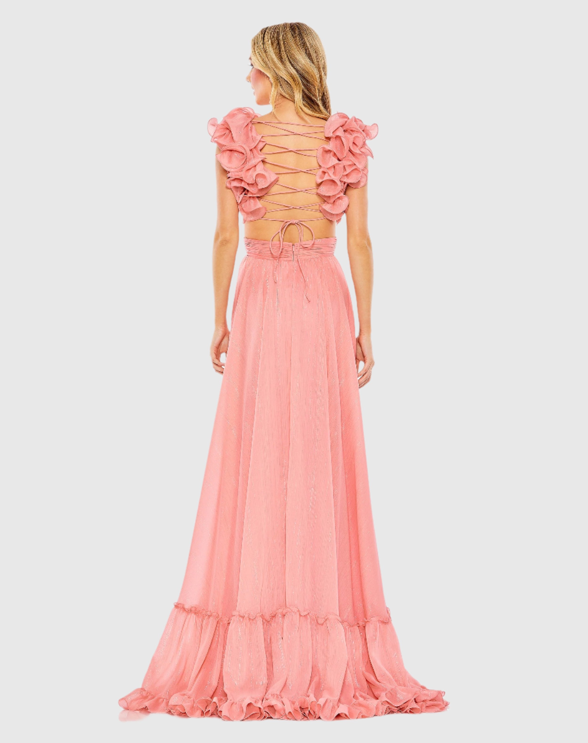 Pink Ruffle Sleeve V Neck A Line Gown - Mac Duggal