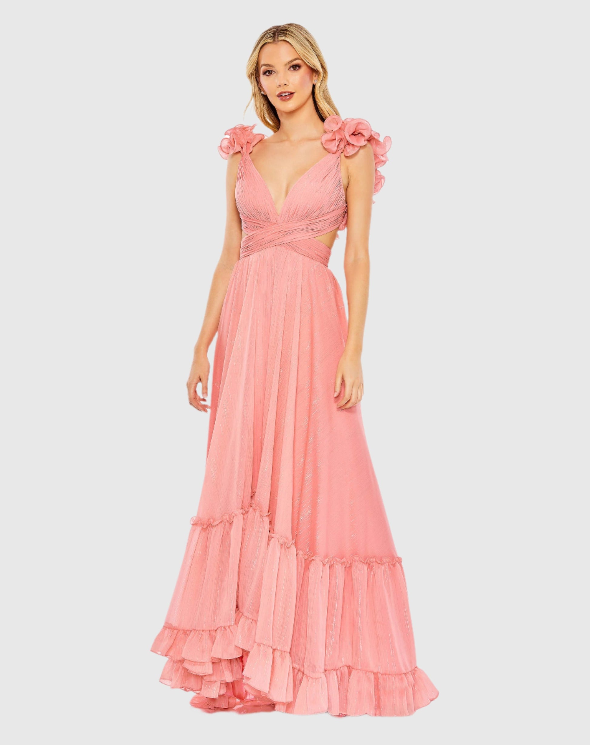 Ruffle Sleeve V Neck A Line Gown