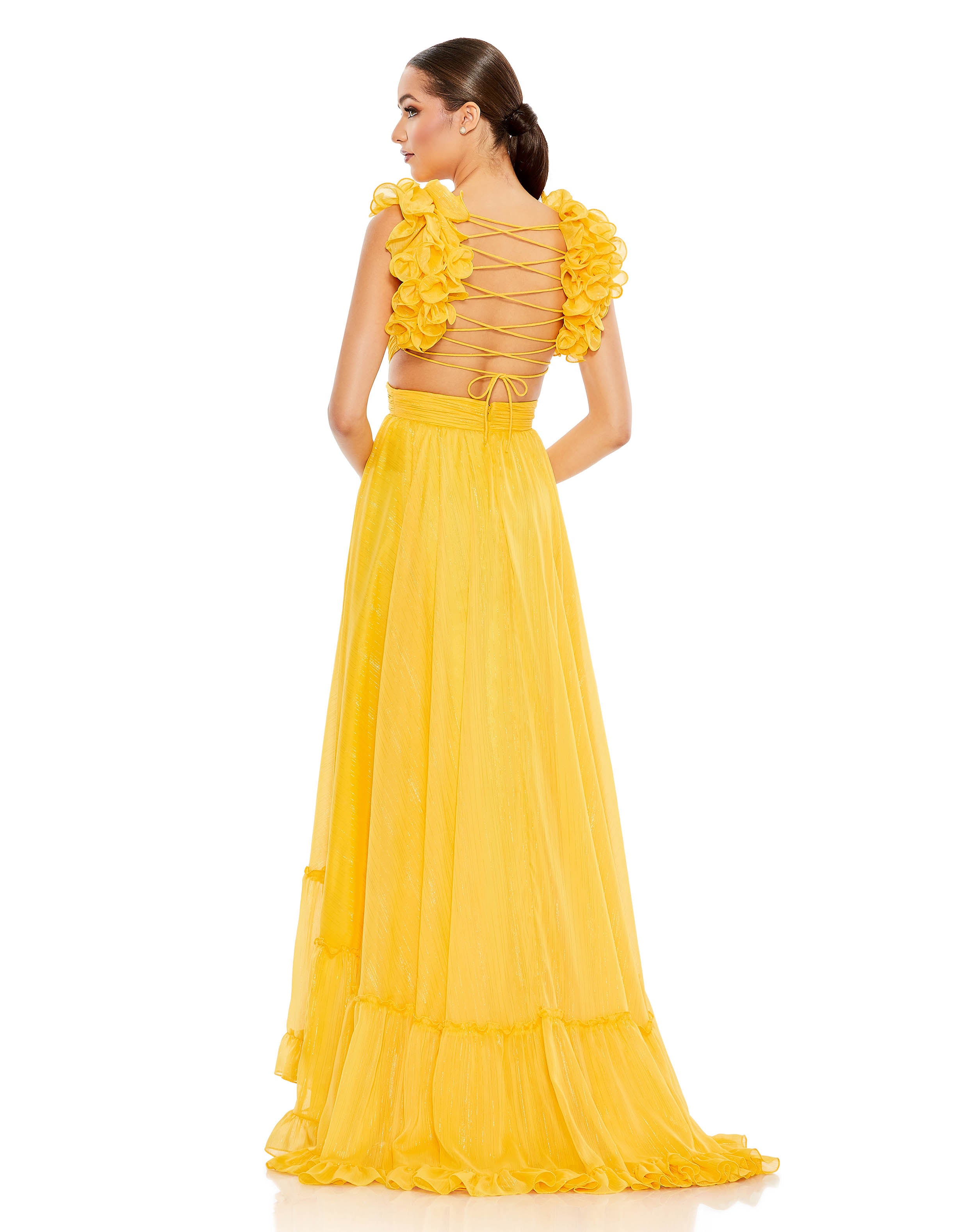 Ruffle Sleeve V Neck A Line Gown