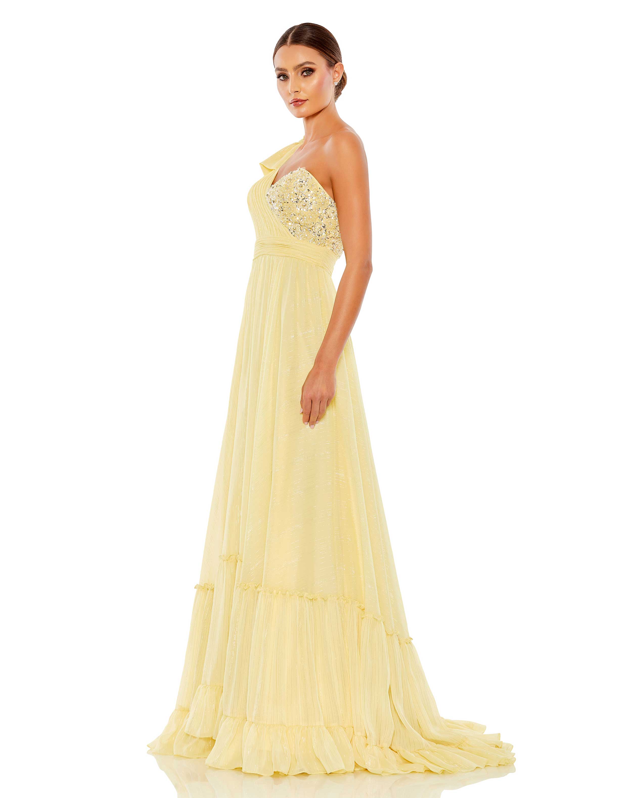Embellished Soft Tie One Shoulder Ruffle Gown