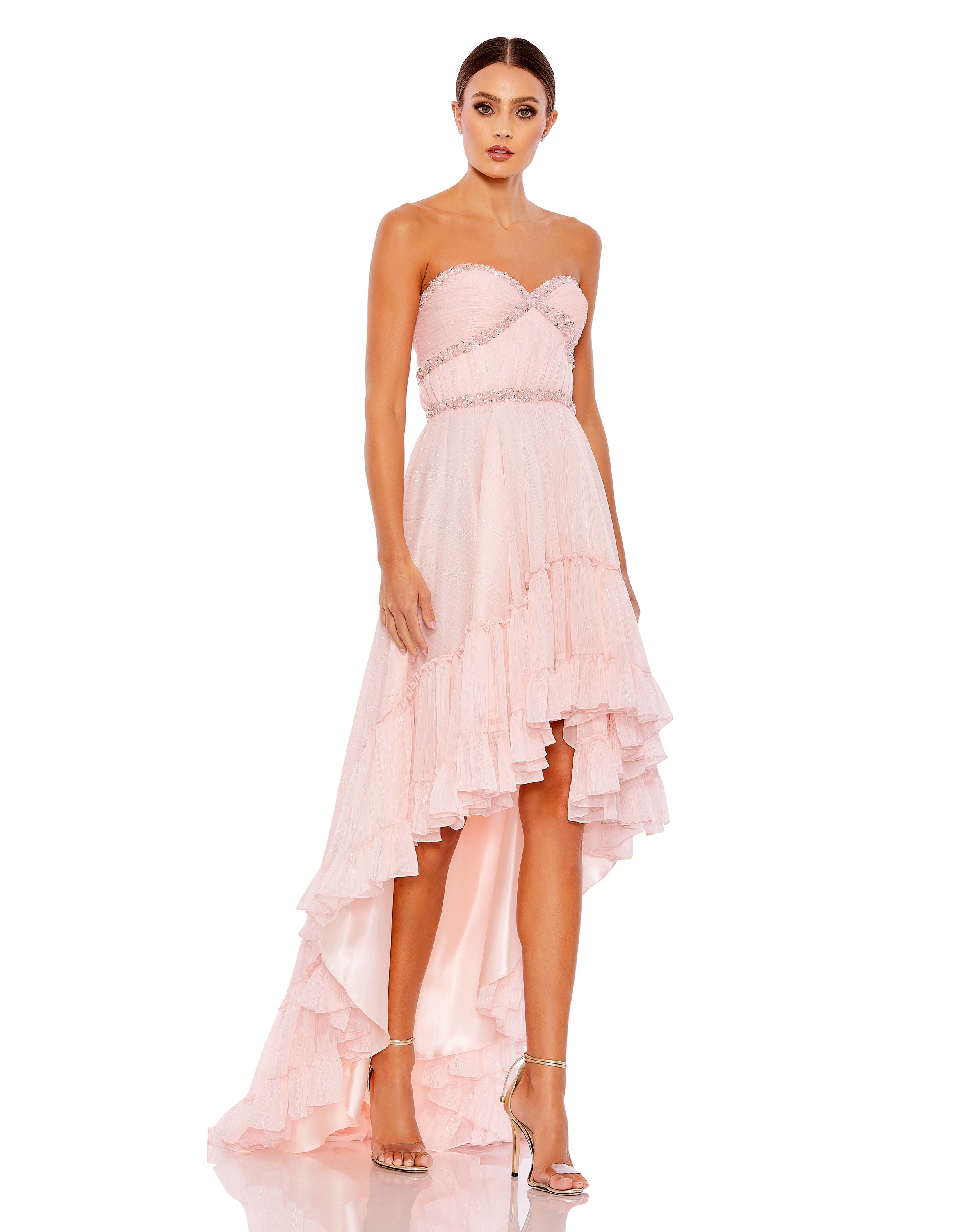 Beaded Ruffle High Low Gown