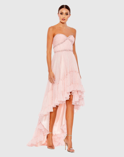 Pink Beaded Ruffle High Low Gown