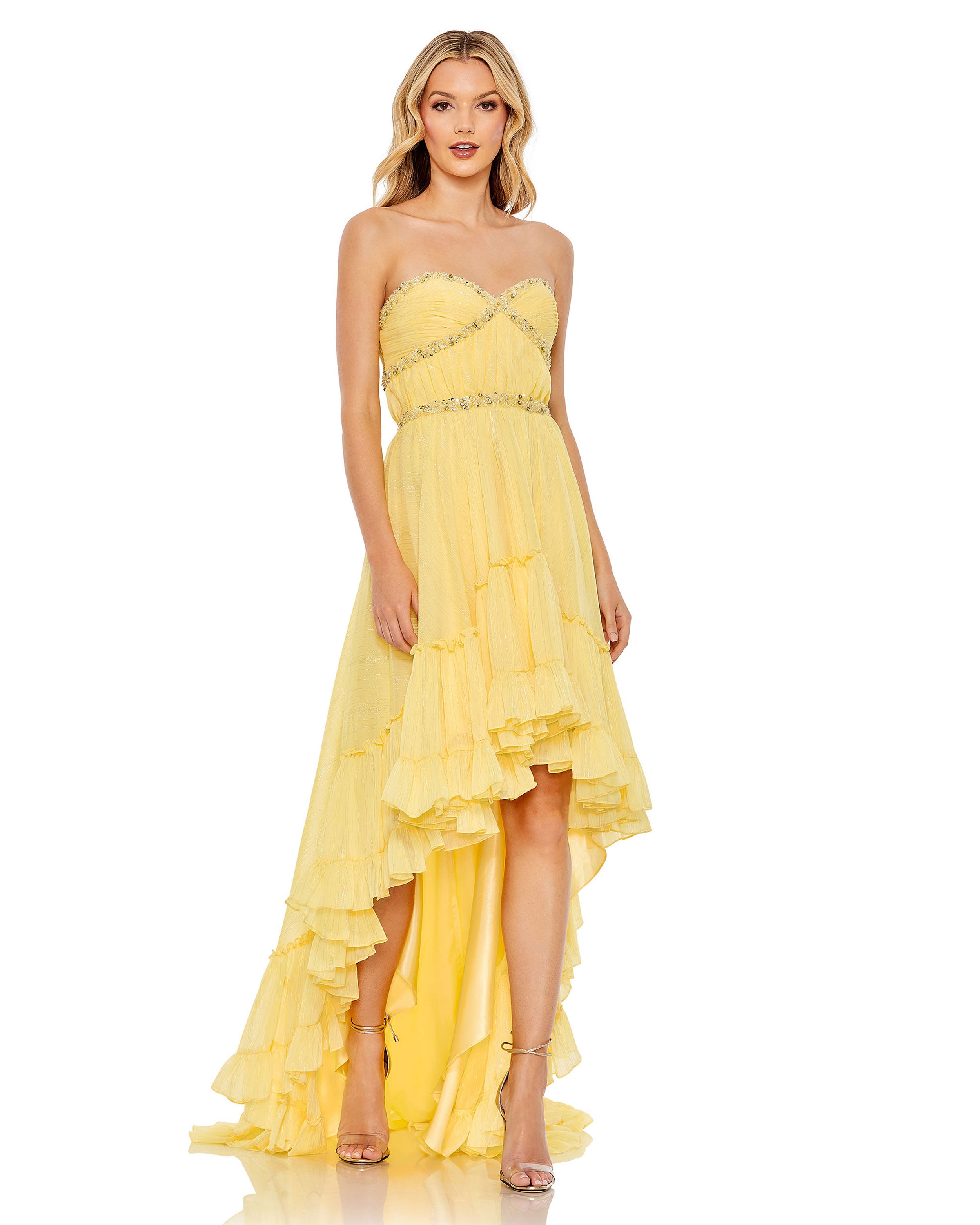Beaded Ruffle High Low Gown