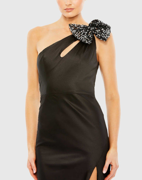 Sequined Bow Detail One Shoulder Trumpet Gown